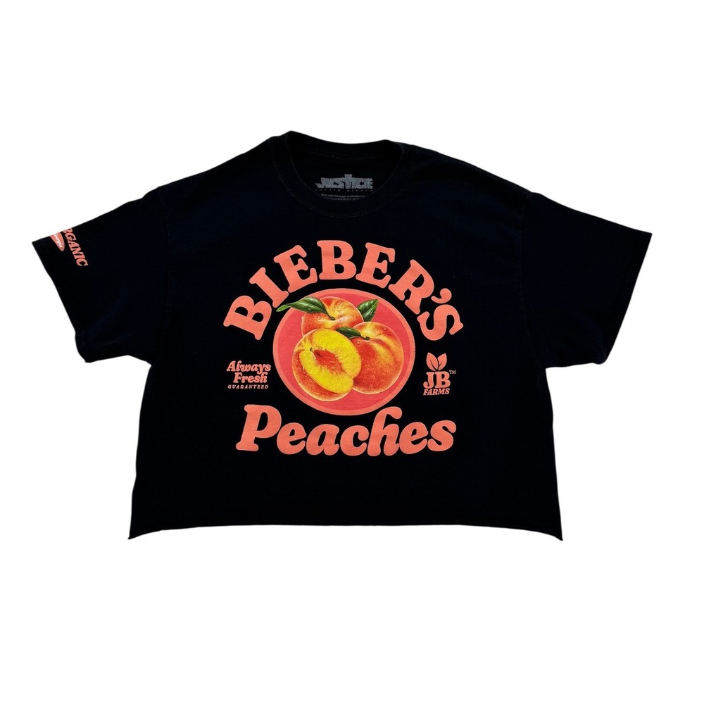 Justin Bieber Peaches Crop Top Women M Black Excellent Justice Tour Graphic Tee